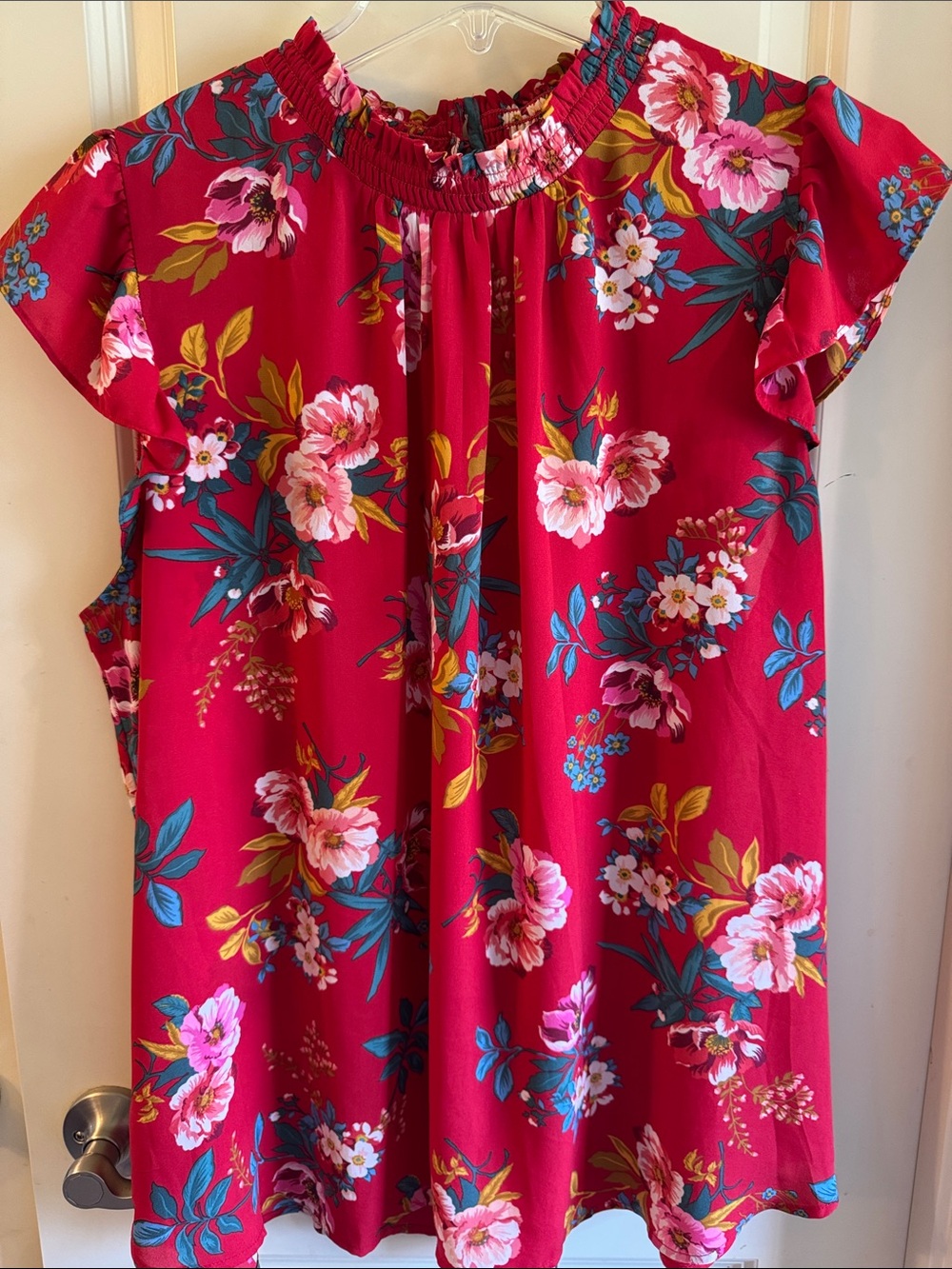 LOFT Red Floral Smocked Neck Flutter Sleeve Blouse